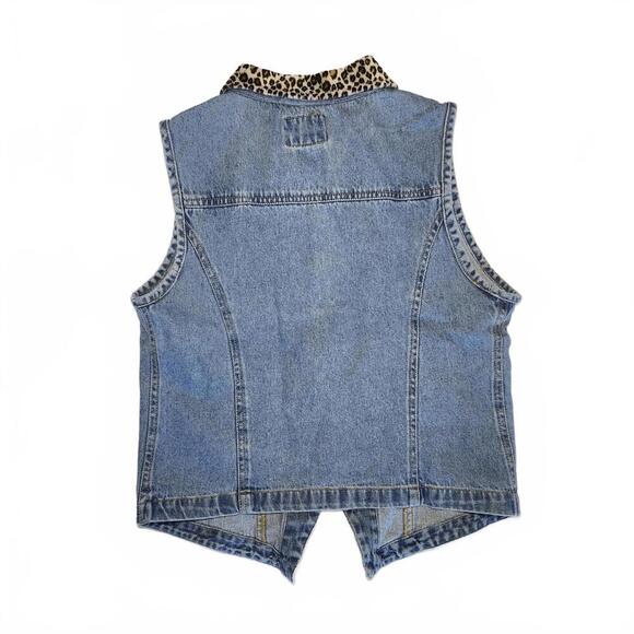 SOLUTIONS Blues Denim Vest with Leopard Print Collar L - Picture 2 of 6